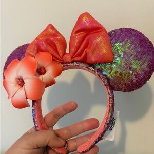 Disney Iridescent Pink Purple Sequin Minnie Headband with Coral Bow